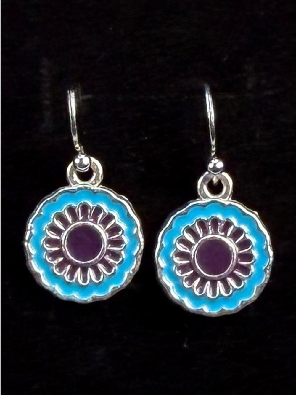 Silvertone Purple and Blue Floral Pierced Earrings